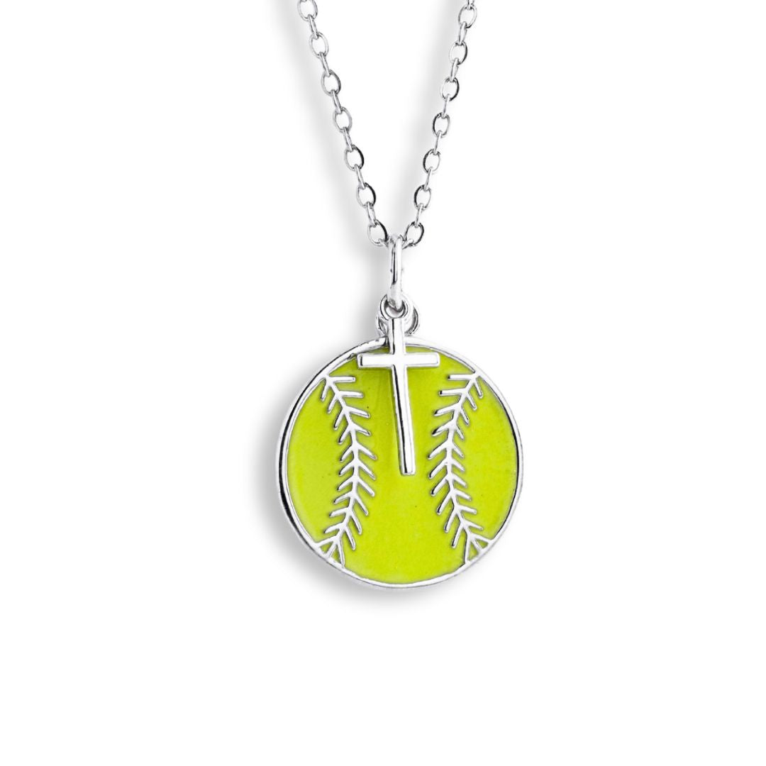 All In Faith Yellow Softball Necklace with Dangle Cross Pendant | Sterling Silver