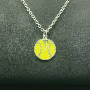 Yellow Softball Necklace w/ Dangle Cross | Sterling Silver