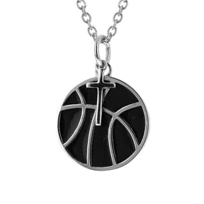 Black Basketball Necklace w/ Dangle Cross | Basketball Cross Pendant | Sterling Silver