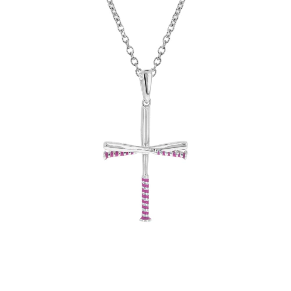 Mini Pink Softball Bat Cross Necklace | Sterling Silver