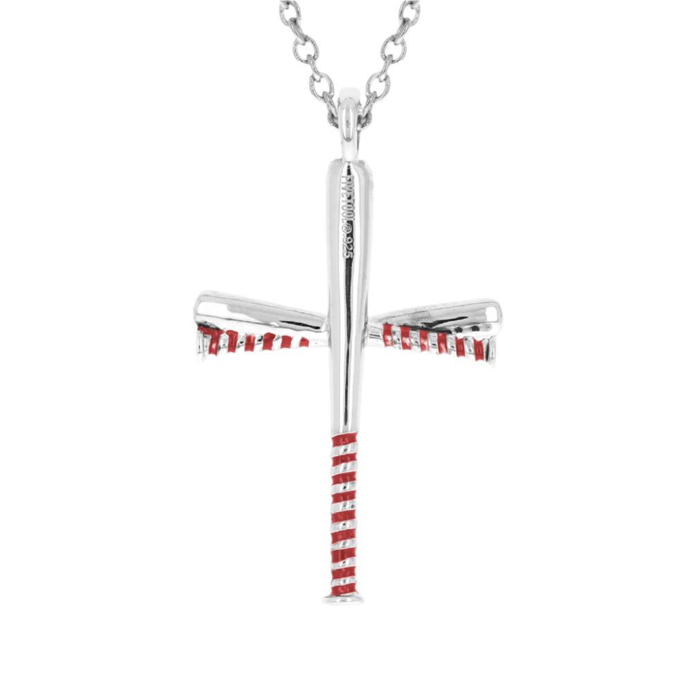 Red Enameled Gripped Baseball Bat Cross Necklace | Sterling Silver