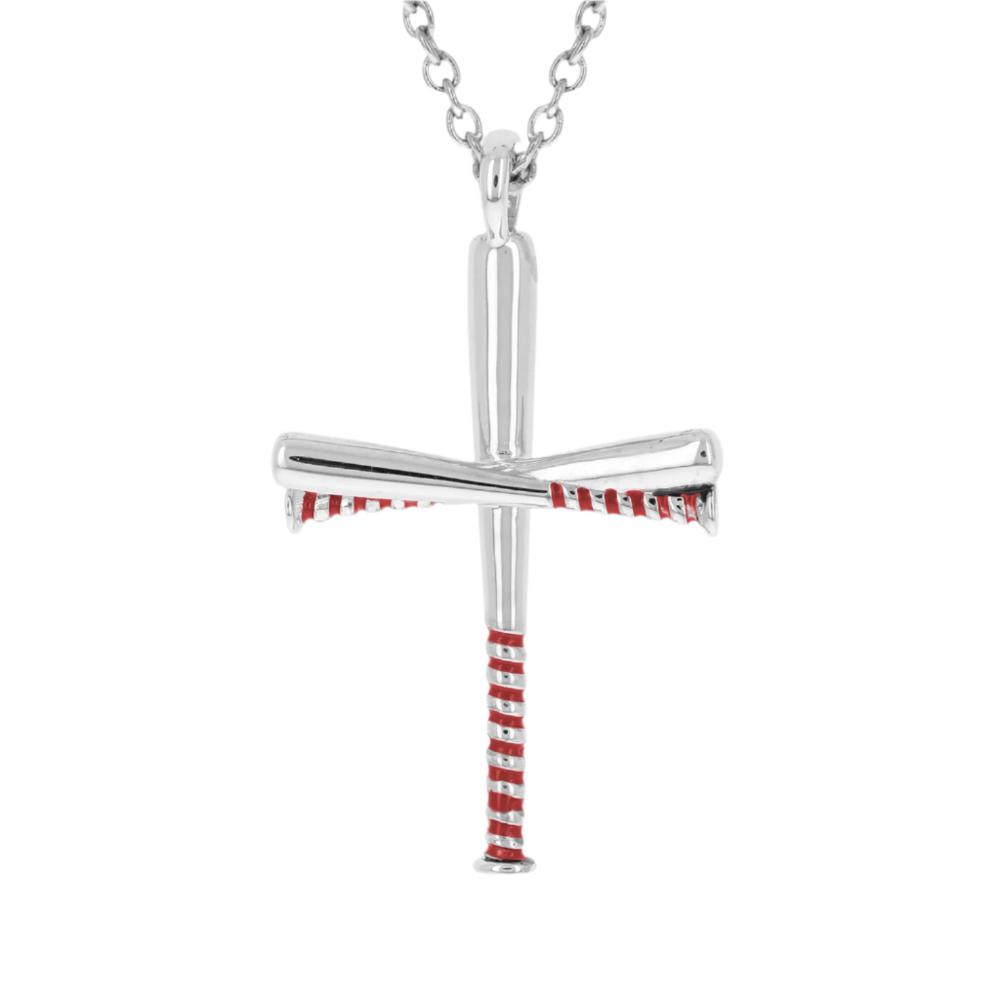 Red Enameled Gripped Baseball Bat Cross Necklace | Sterling Silver | White Gold