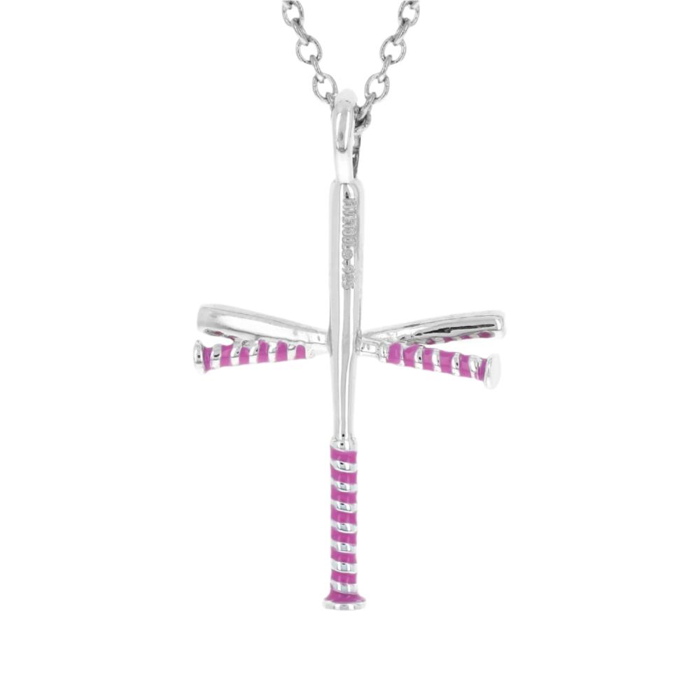 Pink Youth Softball Bat Cross Necklace | Sterling Silver